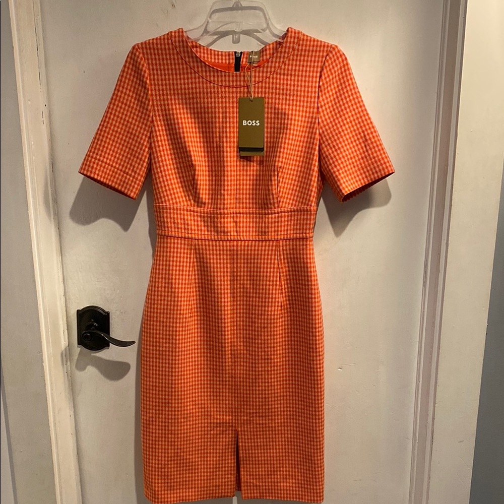 Hugo Boss Orange Gingham Sheath Dress with Slit Crew Neck
